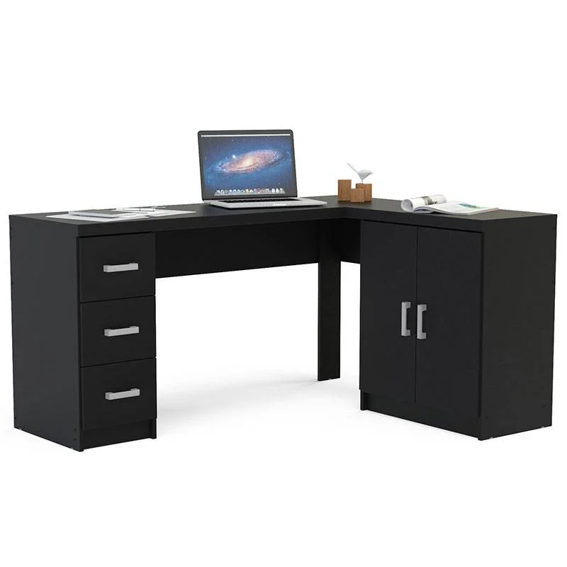 Mesa em L preta com armário credenza